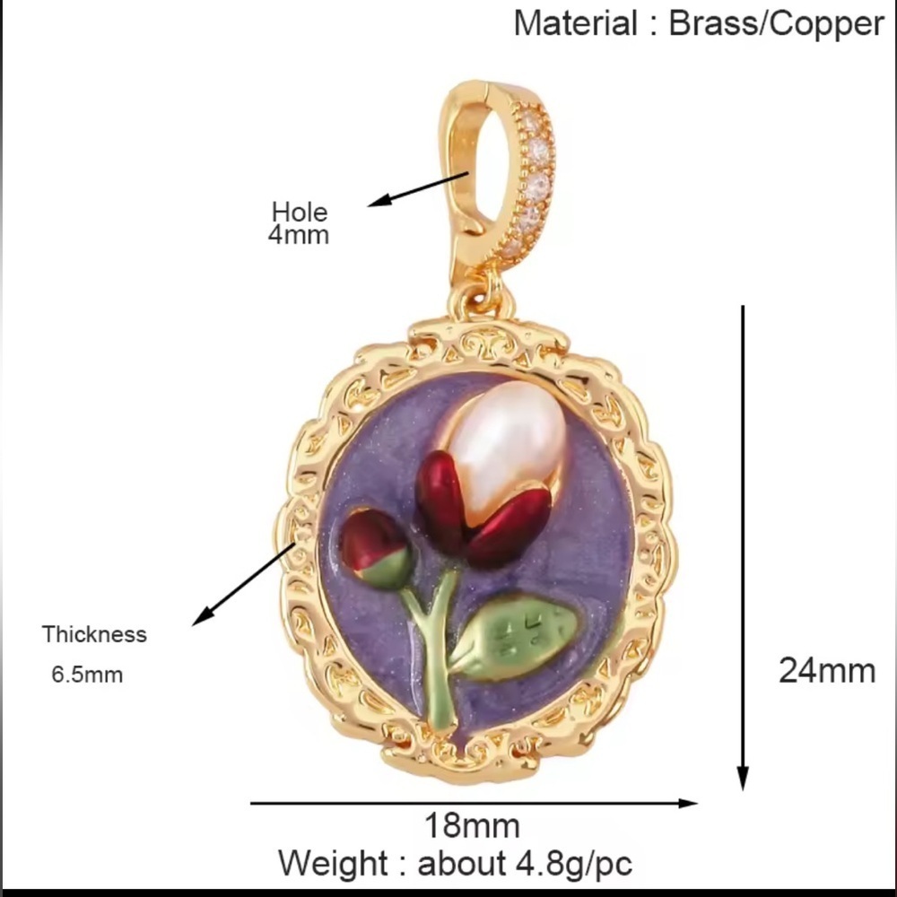 New!!! Canva Vintage plates stainless steel Gold and Red Floral Pendant Necklace - Picture 6 of 6